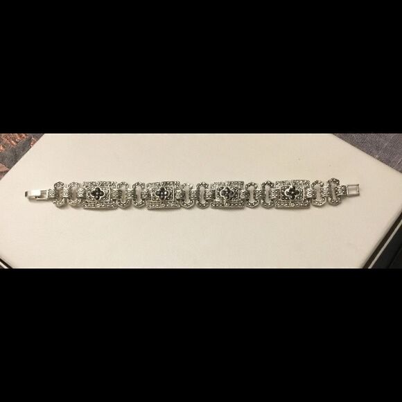 Silver Jet Crystal & Sim Marcasite Link Bracelet - Picture 1 of 3
